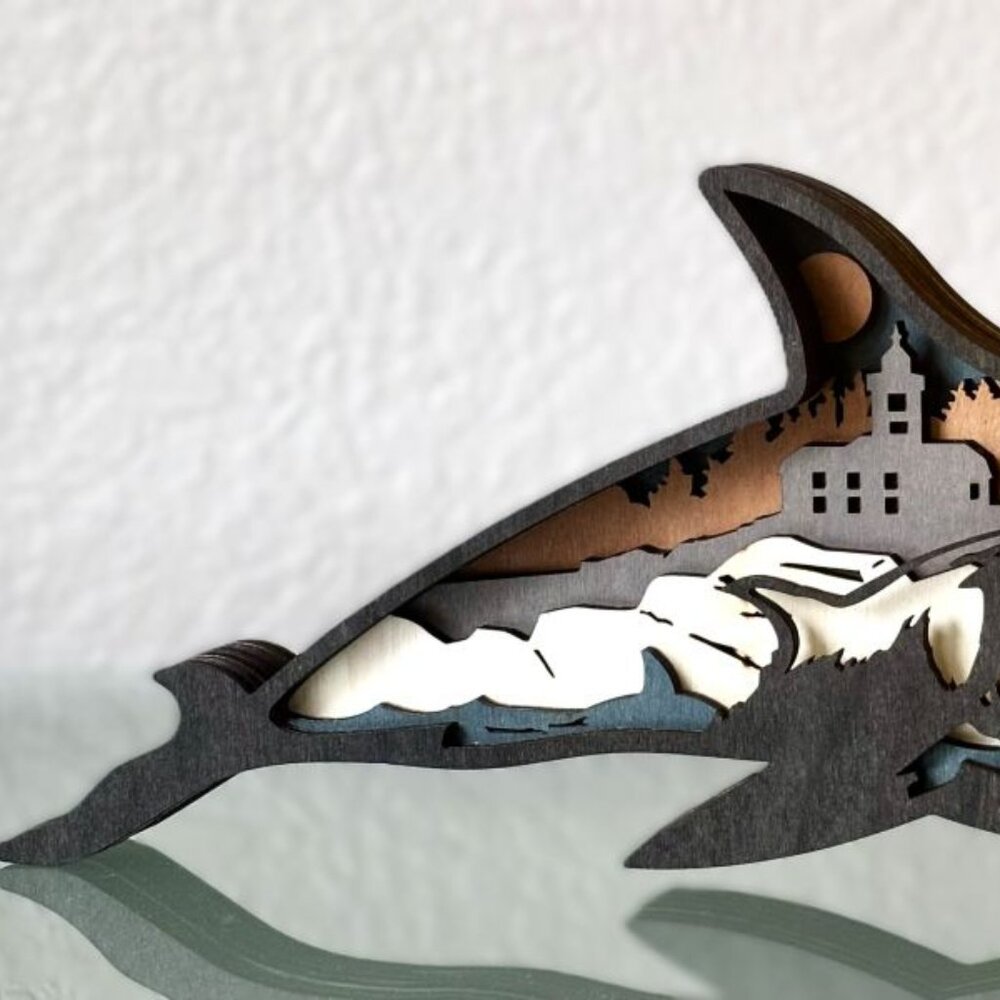 Orca Killer Whale Coastal Ocean Wooden Diorama Sculpture 3D Figure Table Décor - Picture 2 of 7